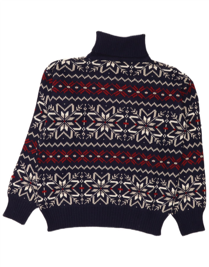 Maglione vintage da uomo con collo alto e collo alto, grande, blu navy, Fair Isle