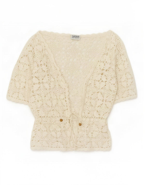 Sasha Donna Crop Manica Corta Bolero all'Uncinetto Top UK 14 Grande Floreale Bianco