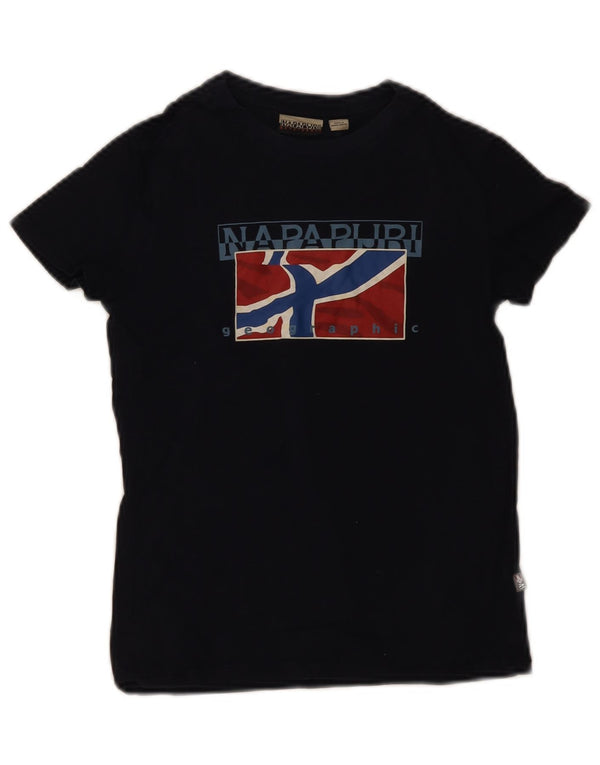Napapijri Boys Geographic Graphic T-Shirt Top 9-10 Years Navy Blue Cotton