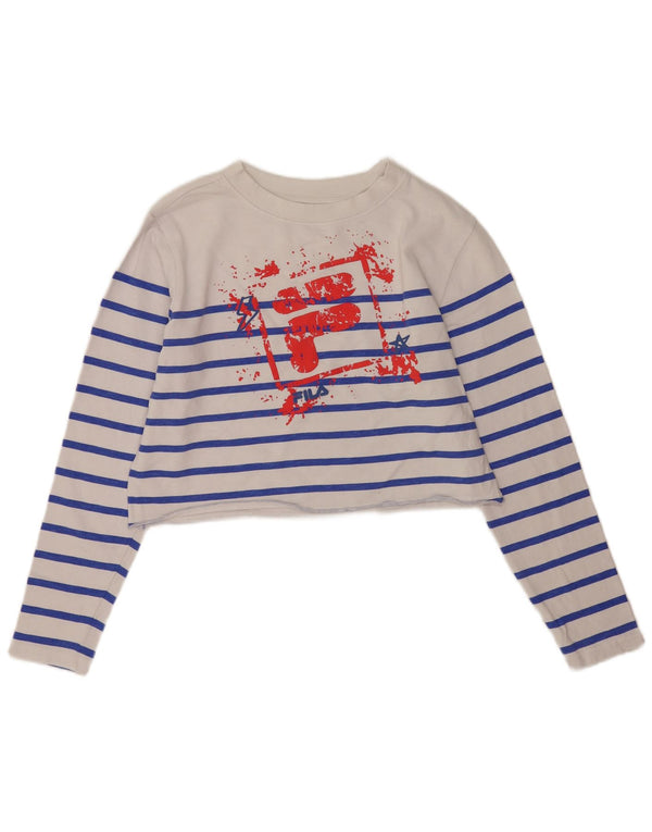 Fila Donna Crop Graphic Top Manica Lunga UK 14 Medio Bianco a Righe