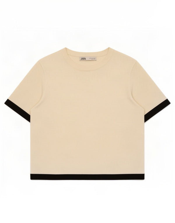 T-shirt corta da donna Zara Top UK 10 Small Beige Colourblock Viscosa