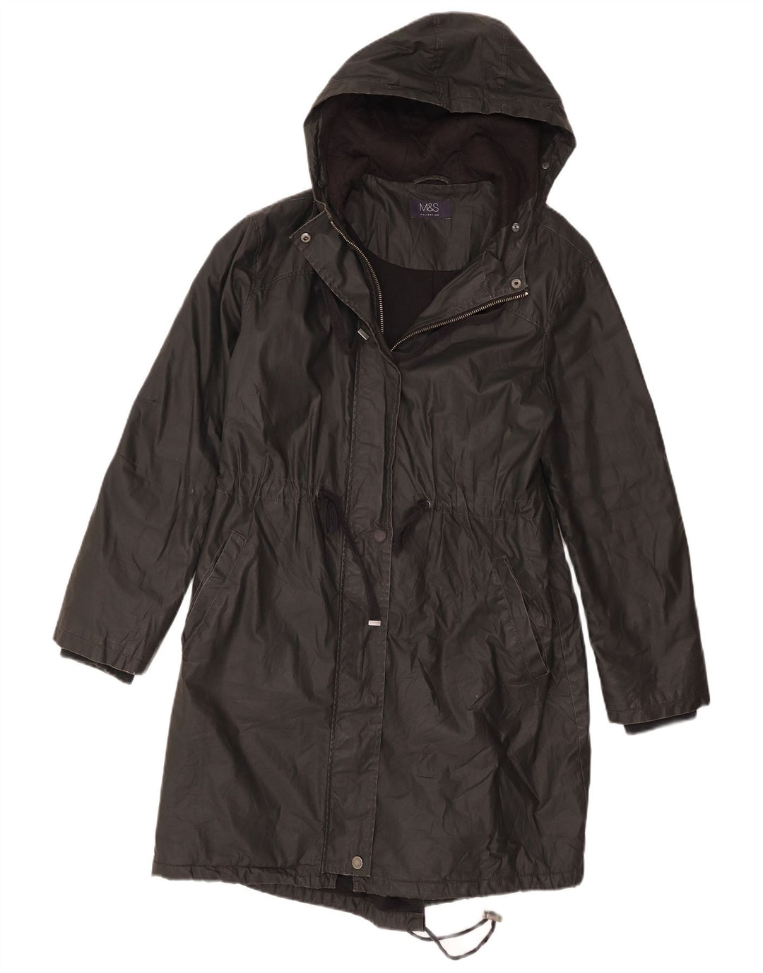 Marks & Spencer Parka da donna con cappuccio UK 10 Small Nero Cotone