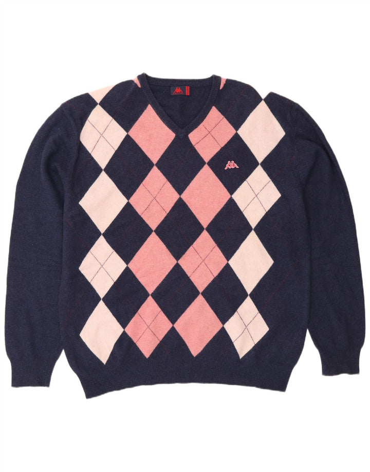 Maglione Kappa da uomo con scollo a V 2XL blu navy a rombi/lana diamante