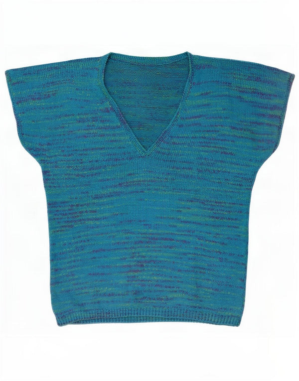 Maglione vintage da donna a maniche corte con scollo a V UK 18 XL blu screziato