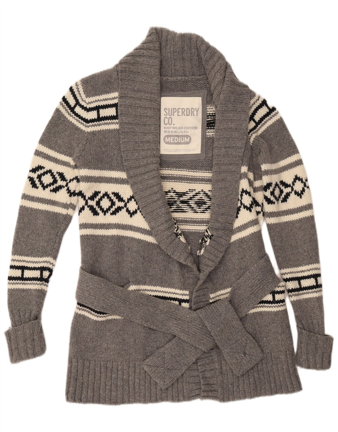 Maglione cardigan da donna Superdry UK 14 Lana geometrica grigio medio