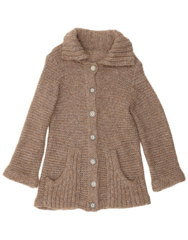 Maglione cardigan lungo da donna vintage UK 10 piccolo acrilico beige