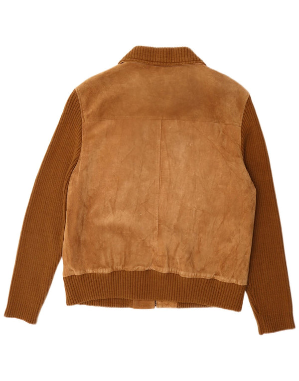 Giubbotto bomber vintage in pelle scamosciata da donna IT 50 XL in pelle color block beige
