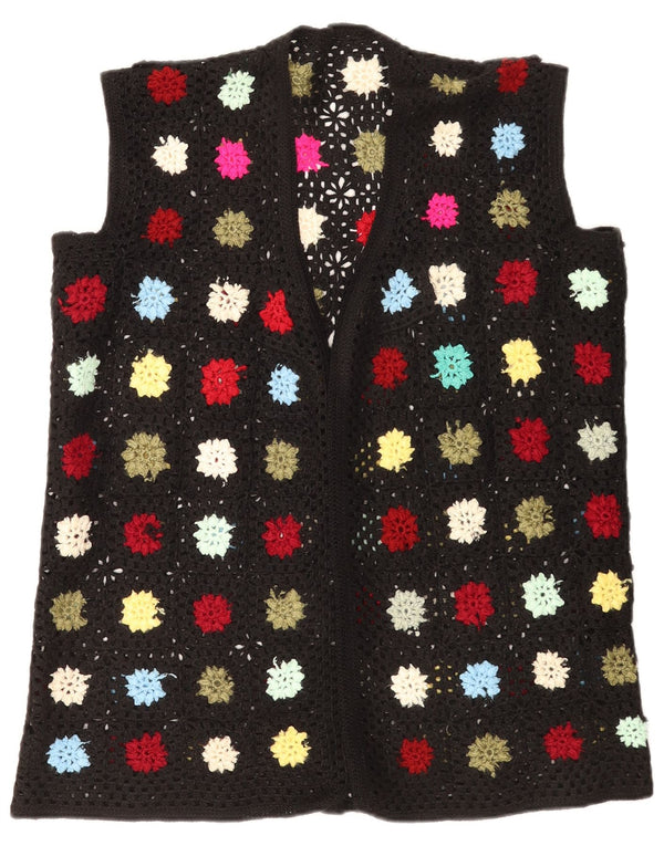 Maglione cardigan all'uncinetto senza maniche da donna vintage UK 16 grande floreale nero