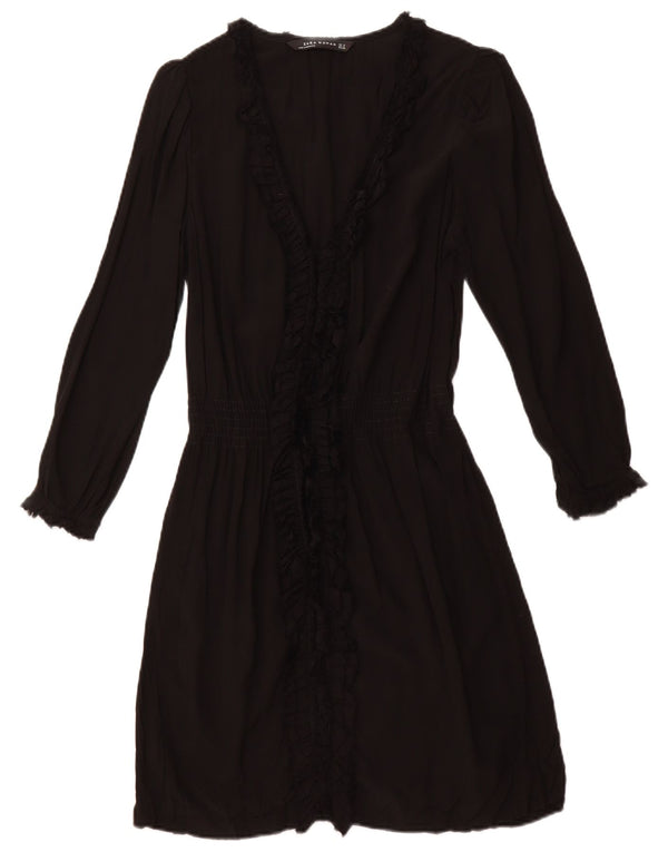 Abito da donna a trapezio a maniche lunghe con volant sul davanti ZARA UK 12 medio nero