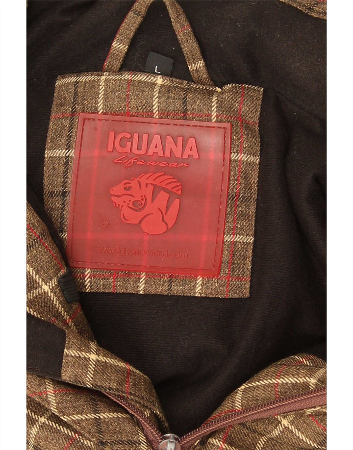 Giacca a vento con cappuccio da uomo Iguana UK 40 grande poliestere a quadri marrone