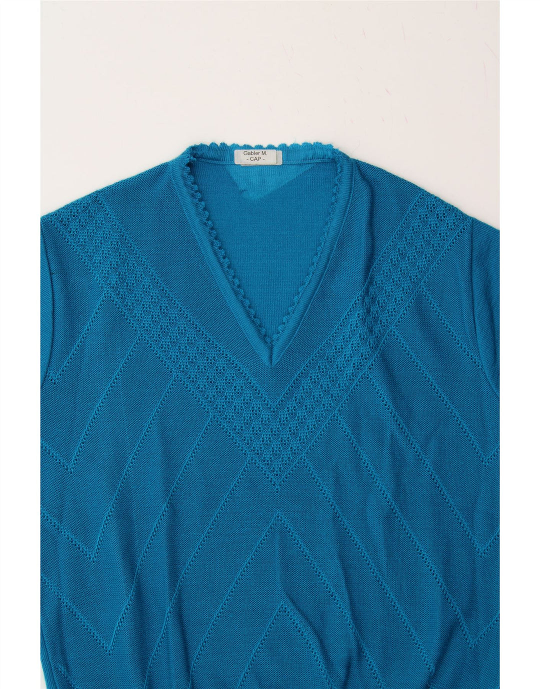 VINTAGE Womens V-Neck Jumper Sweater UK 14 Medium Blue Chevron Vintage Vintage and Second-Hand Vintage from Messina Hembry 
