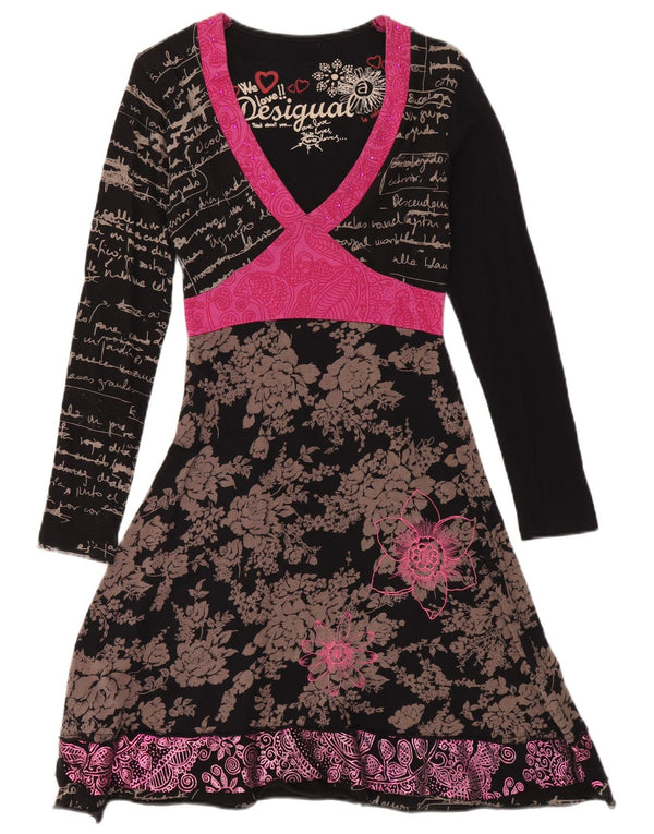 DESIGUAL Abito da donna a maniche lunghe con grafica grafica A-Line UK 10 Piccolo floreale nero