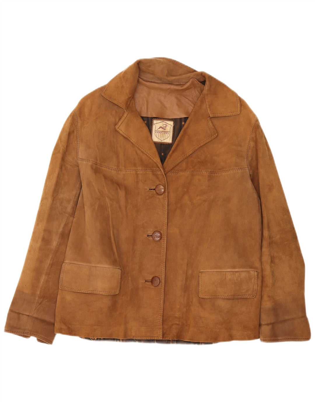 Giacca blazer in pelle scamosciata da donna a 3 bottoni VINTAGE UK 16 grande marrone