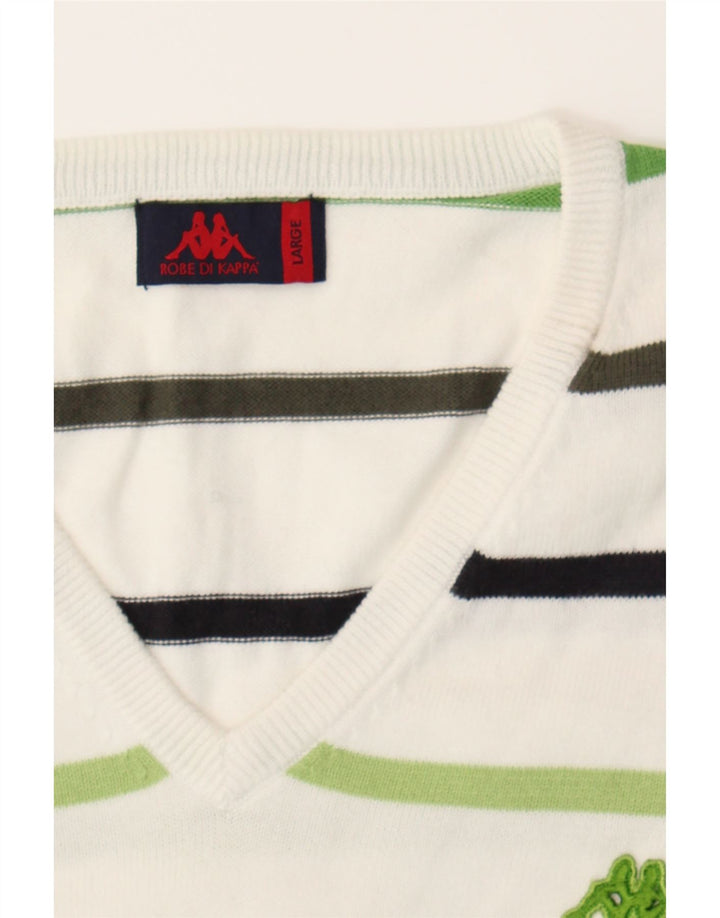 KAPPA Mens V-Neck Jumper Sweater Large White Striped Cotton Vintage Kappa and Second-Hand Kappa from Messina Hembry 