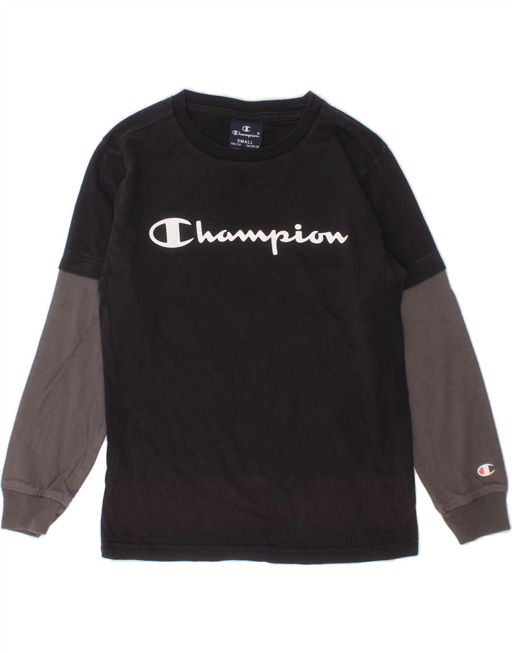 CHAMPION Boys Graphic Top Long Sleeve 7-8 Years Small Black Colourblock Vintage Champion and Second-Hand Champion from Messina Hembry 