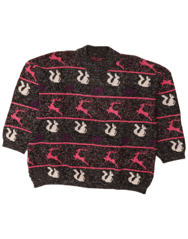 Maglione maglione collo alto da donna VINTAGE UK 18 XL a righe nere