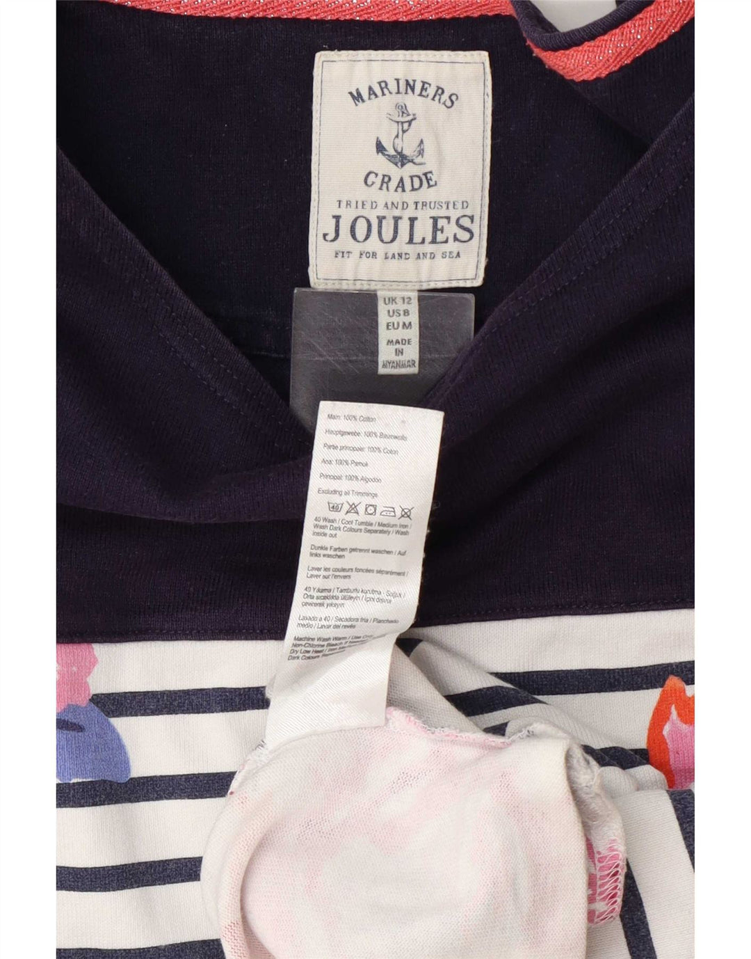 Joules - Top tunica con maniche a 3/4 da donna, UK 12, cotone a righe bianche medie