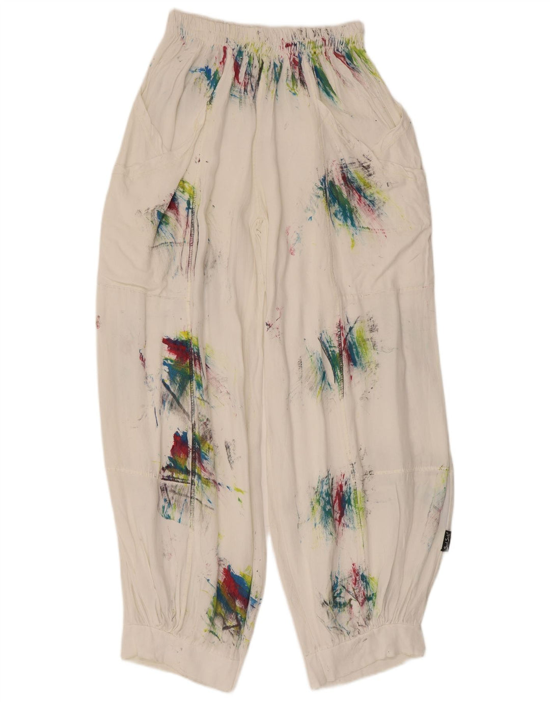 Pantaloni Harem vintage da donna medi W28 L29 viscosa tie-dye bianca