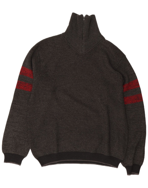Maglione vintage da uomo con zip e collo in lana vergine a righe grandi grigie