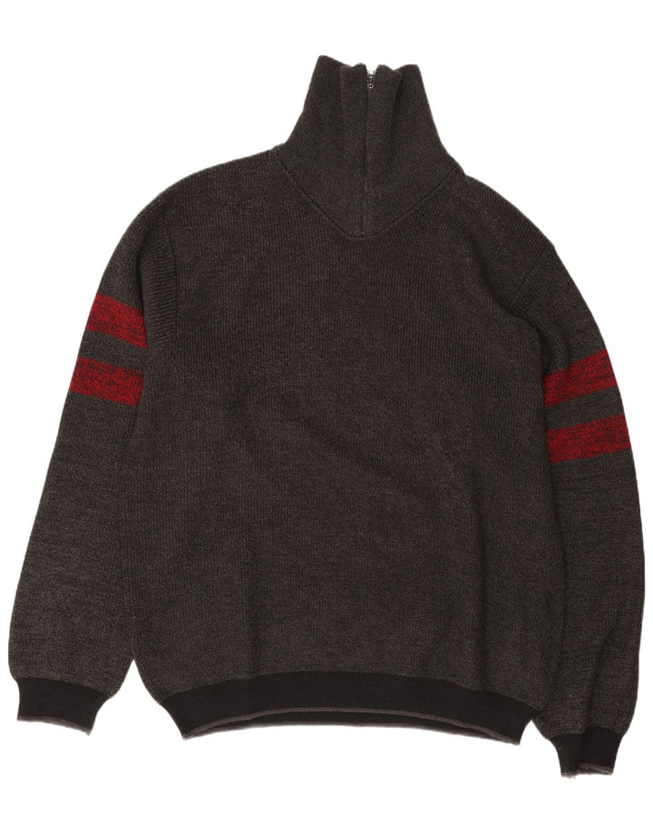 Maglione vintage da uomo con zip e collo in lana vergine a righe grandi grigie