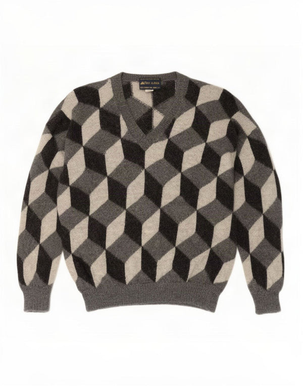 Maglione vintage da uomo con scollo a V XL in lana di alpaca geometrica grigia
