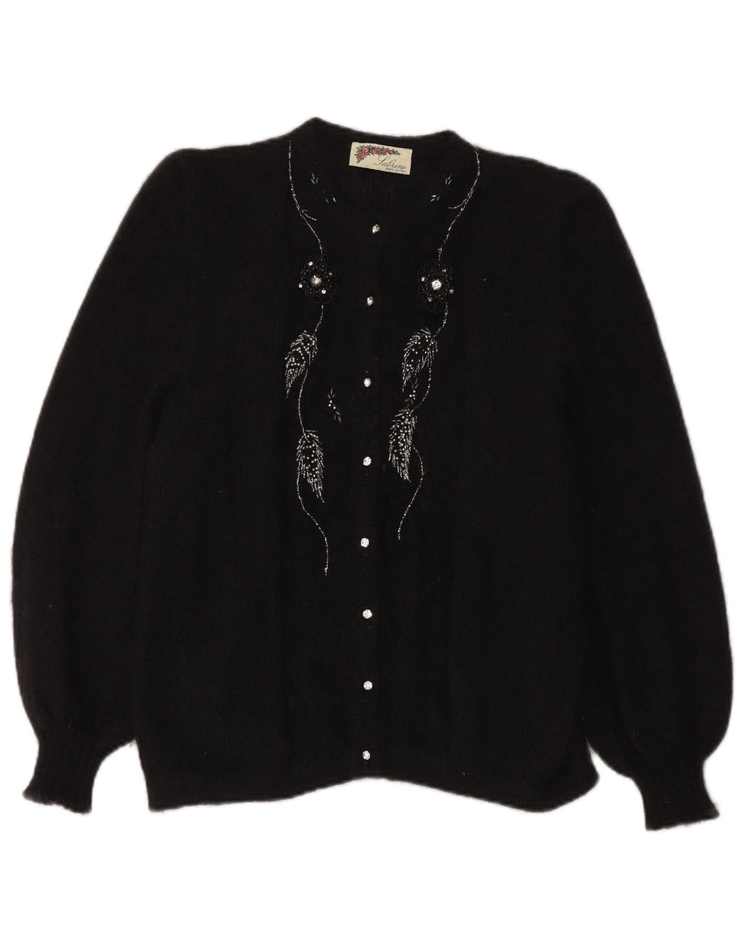 Maglione cardigan da donna VINTAGE UK 14 grande mohair nero