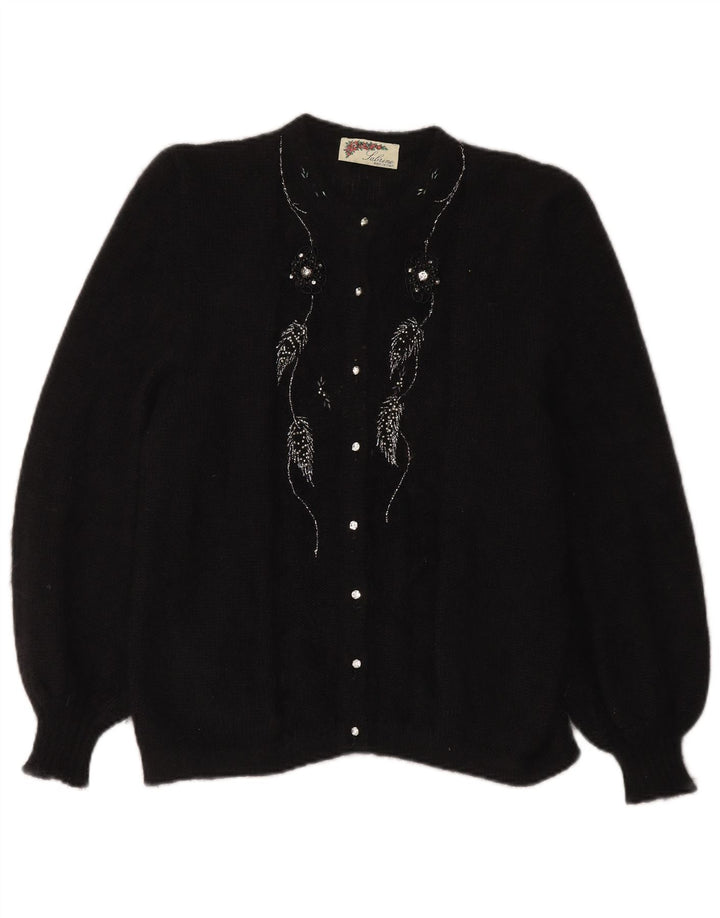 Maglione cardigan da donna VINTAGE UK 14 grande mohair nero