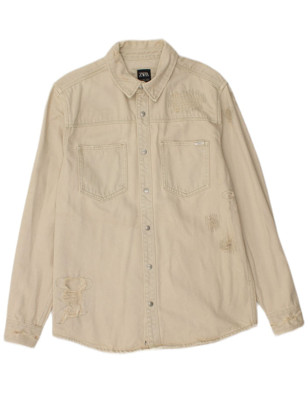 Camicia di jeans Zara da uomo, vestibilità comoda, vestibilità comoda, di grandi dimensioni, in cotone beige