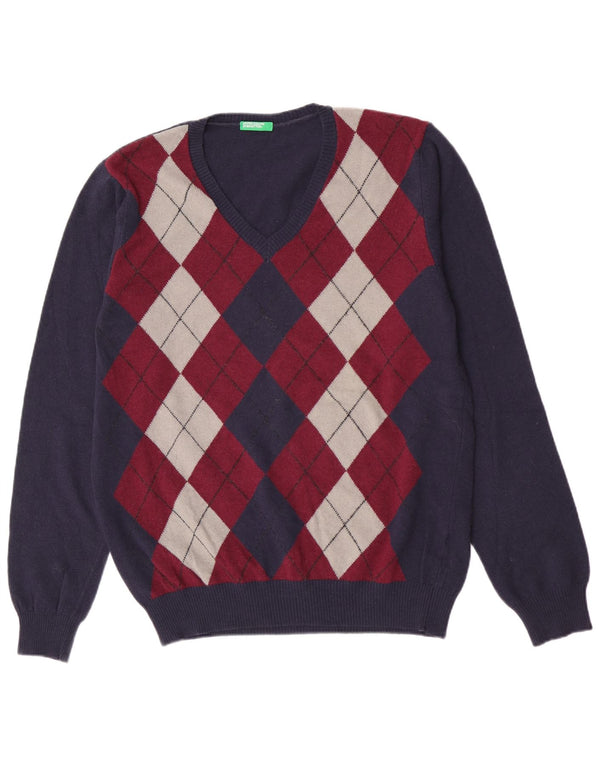 Maglione da uomo con scollo a V Benetton grande blu navy a rombi/lana diamante