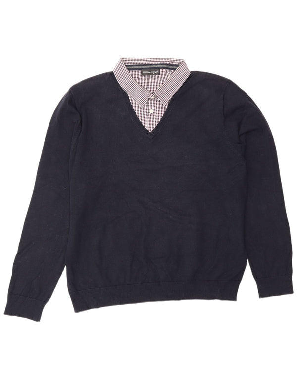 Maglione da uomo Marks & Spencer con collo alto, grande cotone a quadri blu navy