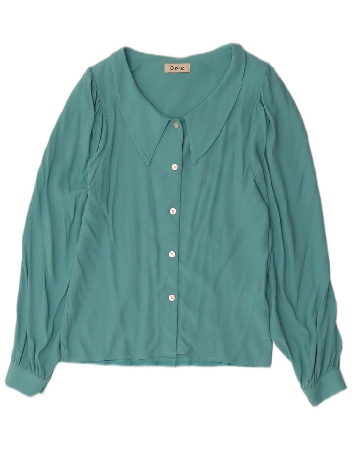 Camicetta camicia vintage da donna UK 10 piccola viscosa blu