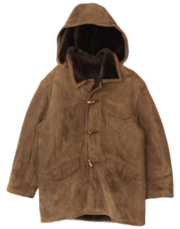 Cappotto vintage in montone con cappuccio da uomo IT 54 2XL Cachi