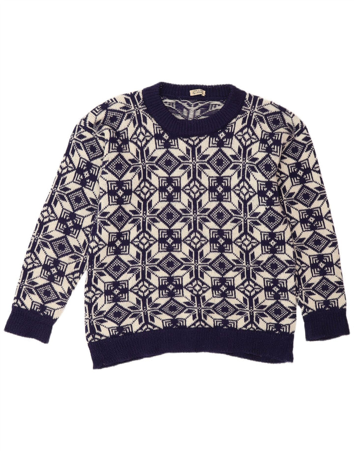 Maglione maglione girocollo da uomo vintage medio blu navy Fair Isle