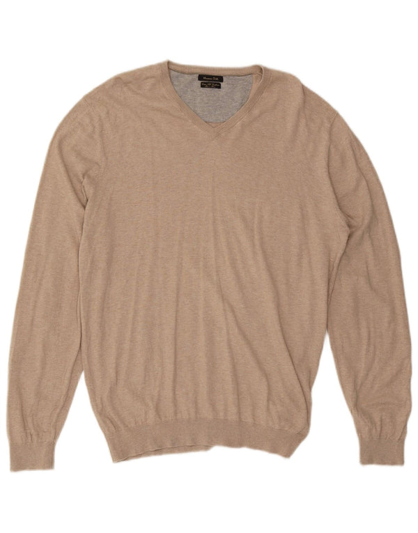 Massimo Dutti Maglione da uomo con scollo a V grande in cotone beige