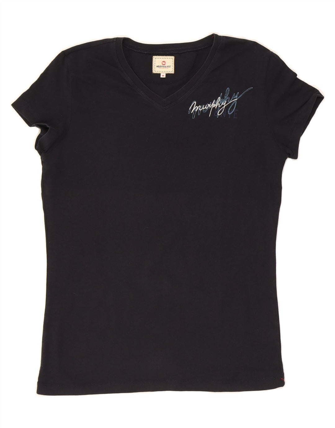 MURPHY & NYE Womens Graphic T-Shirt Top UK 12 Medium Navy Blue Cotton Vintage Murphy & Nye and Second-Hand Murphy & Nye from Messina Hembry 