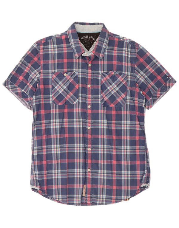 Camicia a maniche corte da uomo Tommy Hilfiger XL in cotone a quadri blu navy