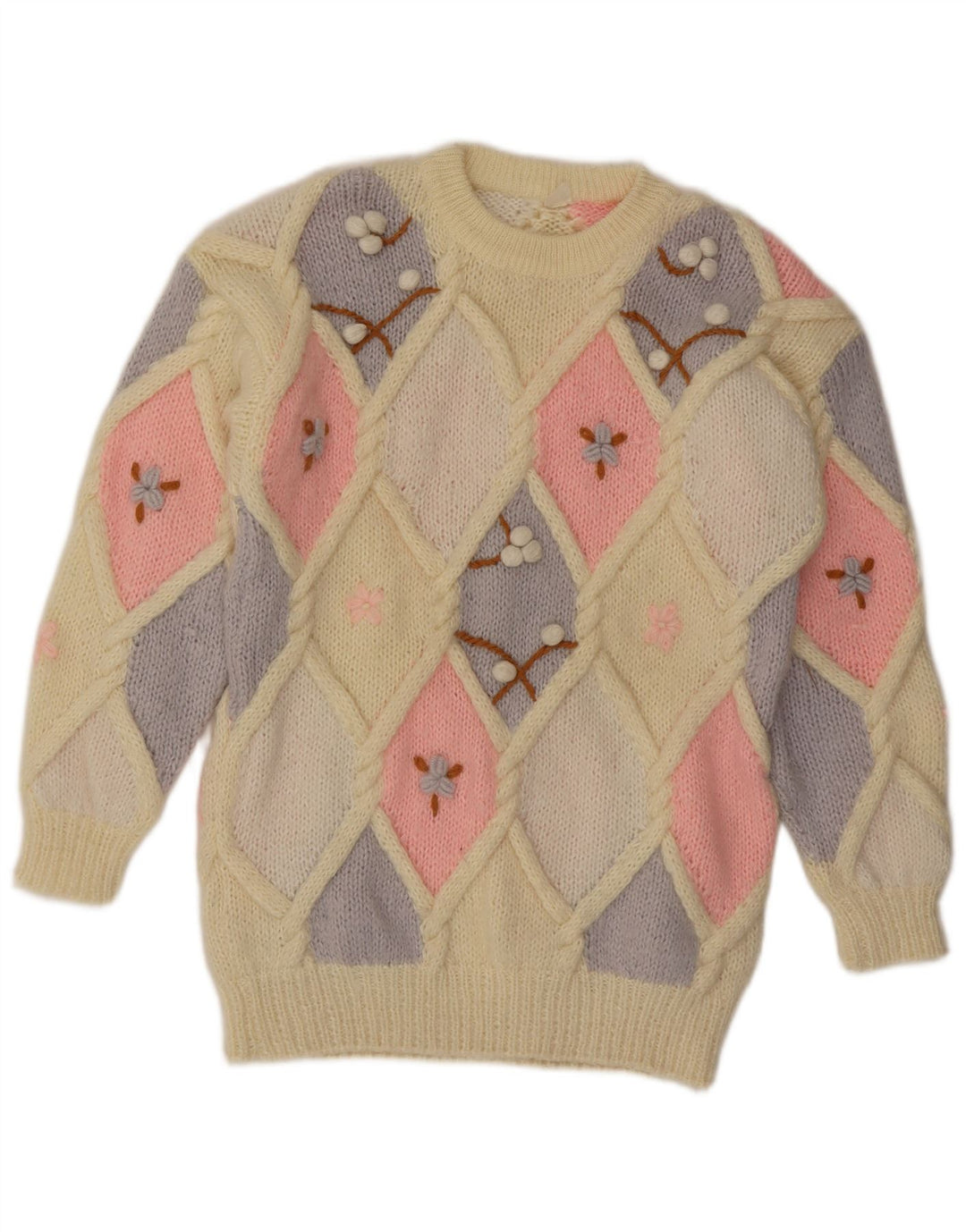 Maglione maglione girocollo da donna vintage UK 14 Argyle/diamante beige medio