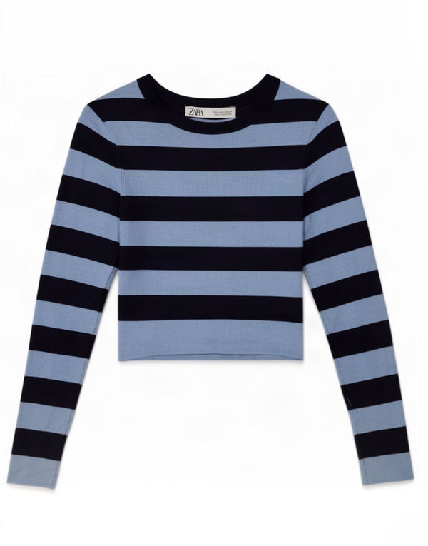 Top corto da donna Zara a maniche lunghe UK 12 medio blu navy a righe