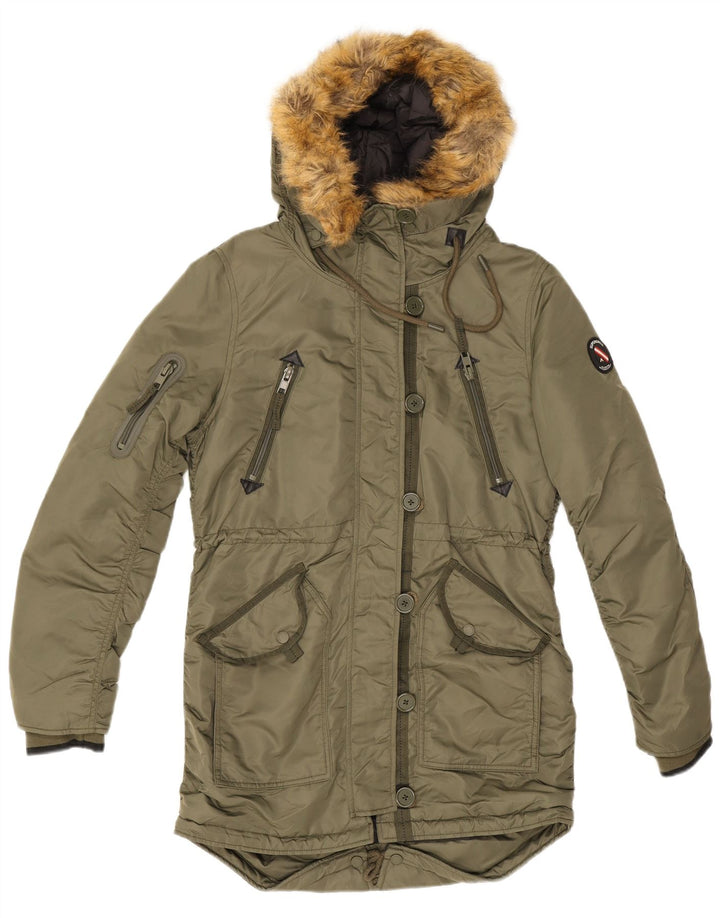 Giacca parka da donna con cappuccio Superdry UK 12 nylon kaki medio