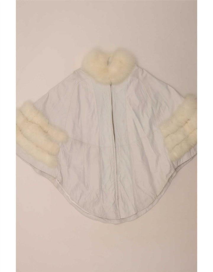 Cappotto in pelle poncho vintage da donna UK 18 XL bianco