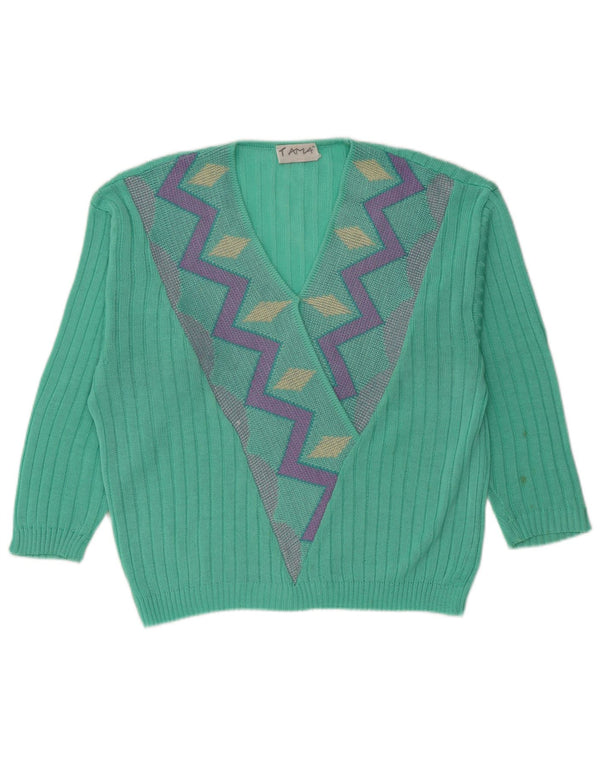 Maglione maglione vintage da donna con scollo a V UK 16 Grande acrilico geometrico verde