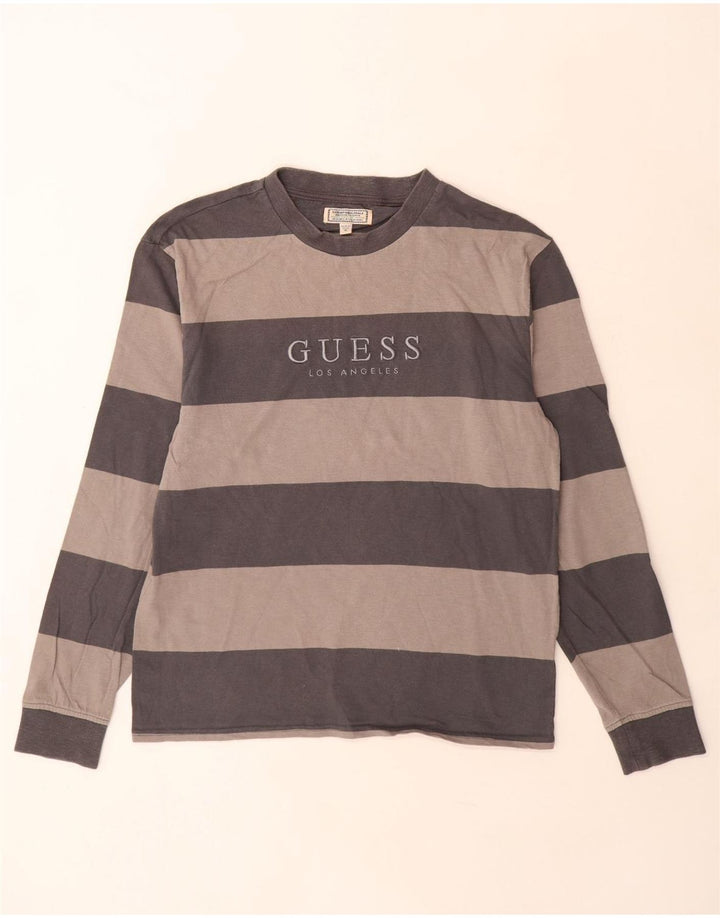 Guess Top grafico da uomo a maniche lunghe in cotone a righe grigio medio