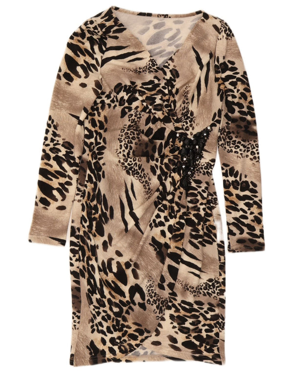 Abito tubino vintage da donna a maniche lunghe UK 12 Stampa animalier marrone medio