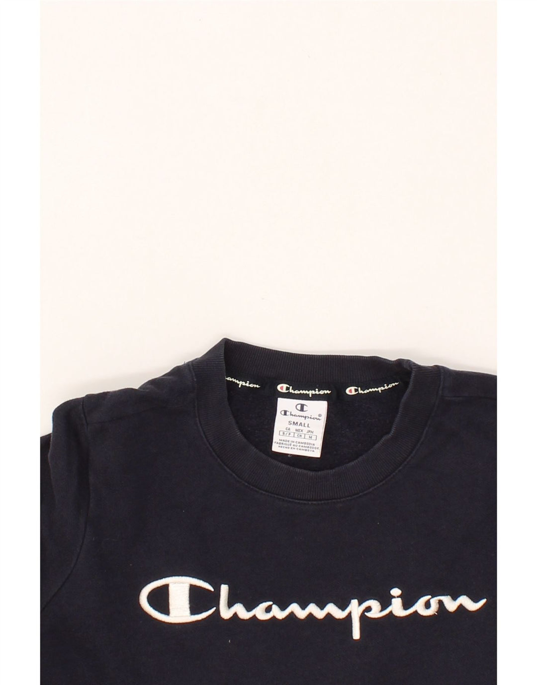 CHAMPION Womens Crop Graphic Sweatshirt Jumper UK 10 Small Navy Blue Vintage Champion and Second-Hand Champion from Messina Hembry 