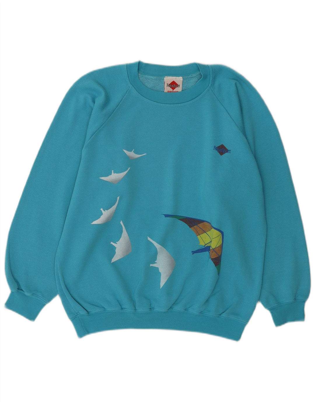 Felpa grafica da donna vintage maglione UK 14 cotone blu medio