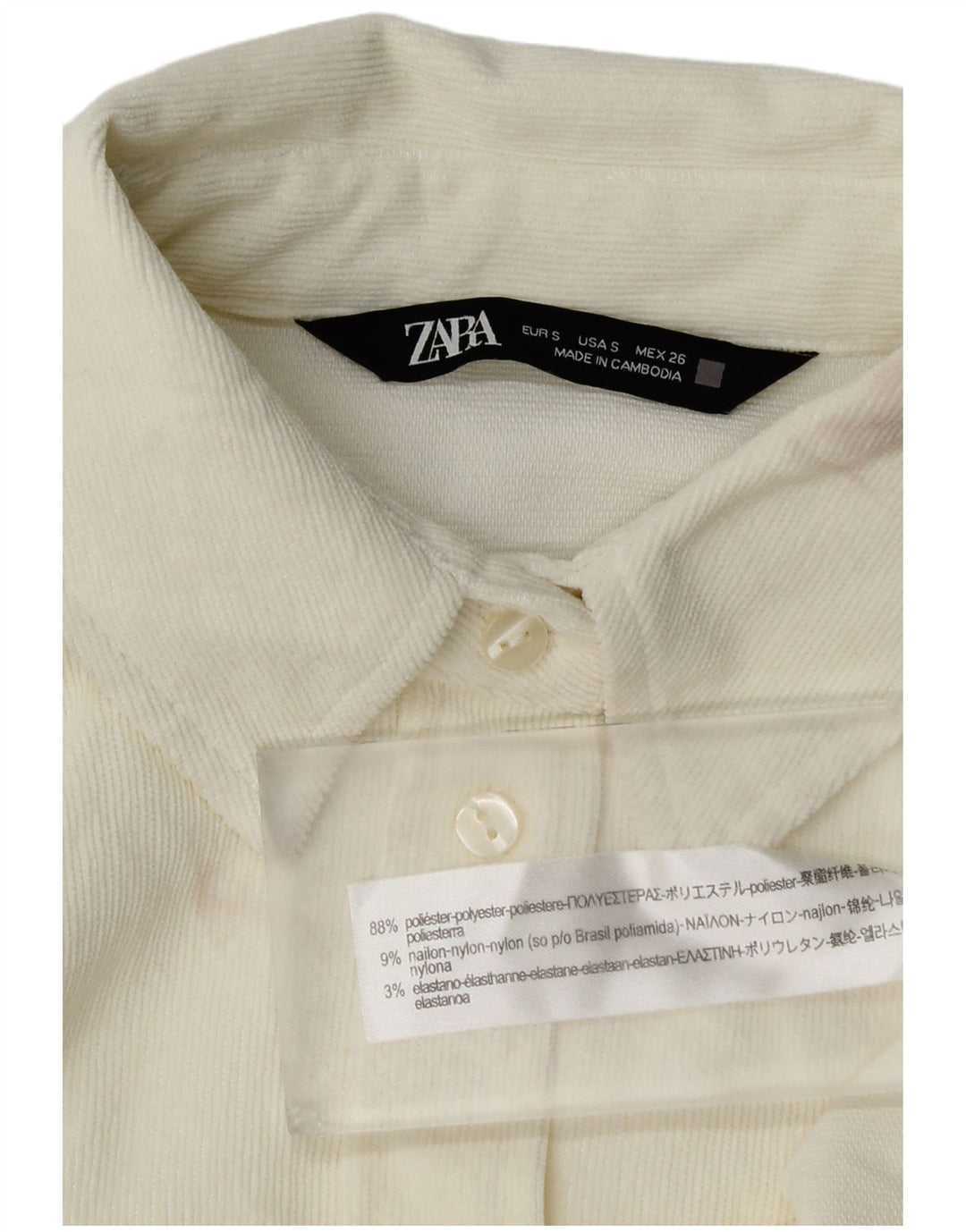 Camicia da donna oversize in velluto a coste Zara UK 10 piccola in poliestere bianco sporco