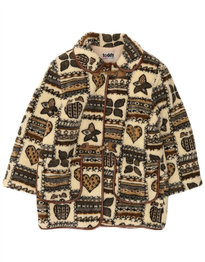 Montgomery in pile con grafica vintage da donna UK 14 grande patchwork beige