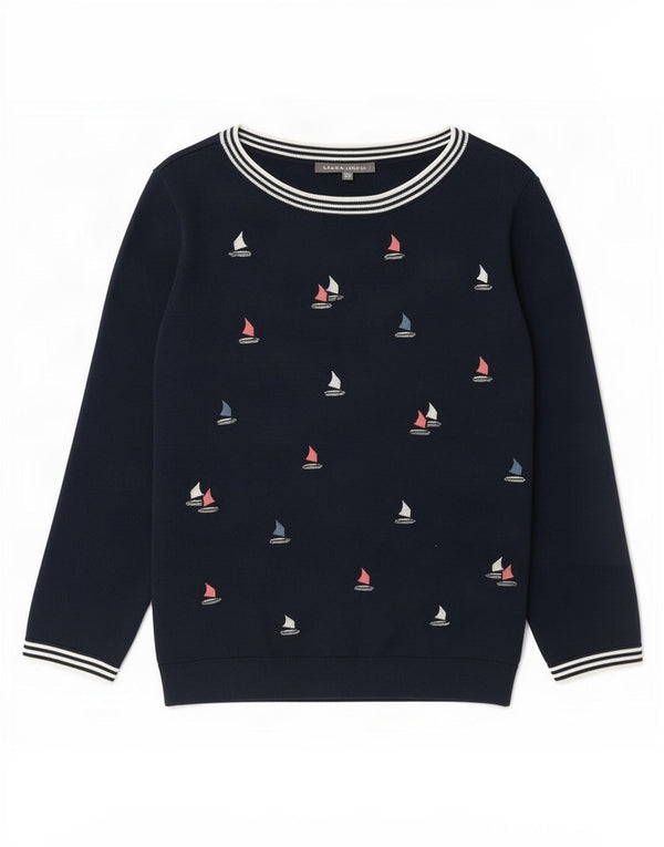Laura Ashley Womens Graphic Boat Neck Jumper Sweater UK 14 Large Navy Blue