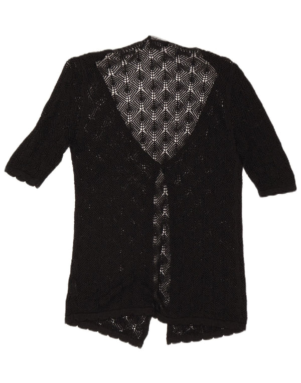 Maglione cardigan all'uncinetto trasparente da donna vintage UK 14 medio nero