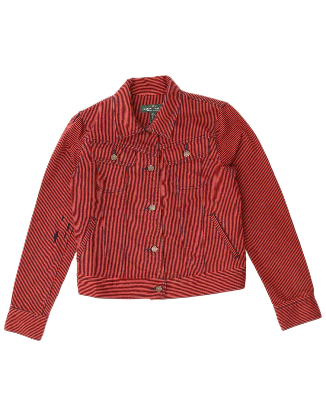 RALPH LAUREN Giacca in denim corto da donna UK 14 Cotone gessato rosso medio